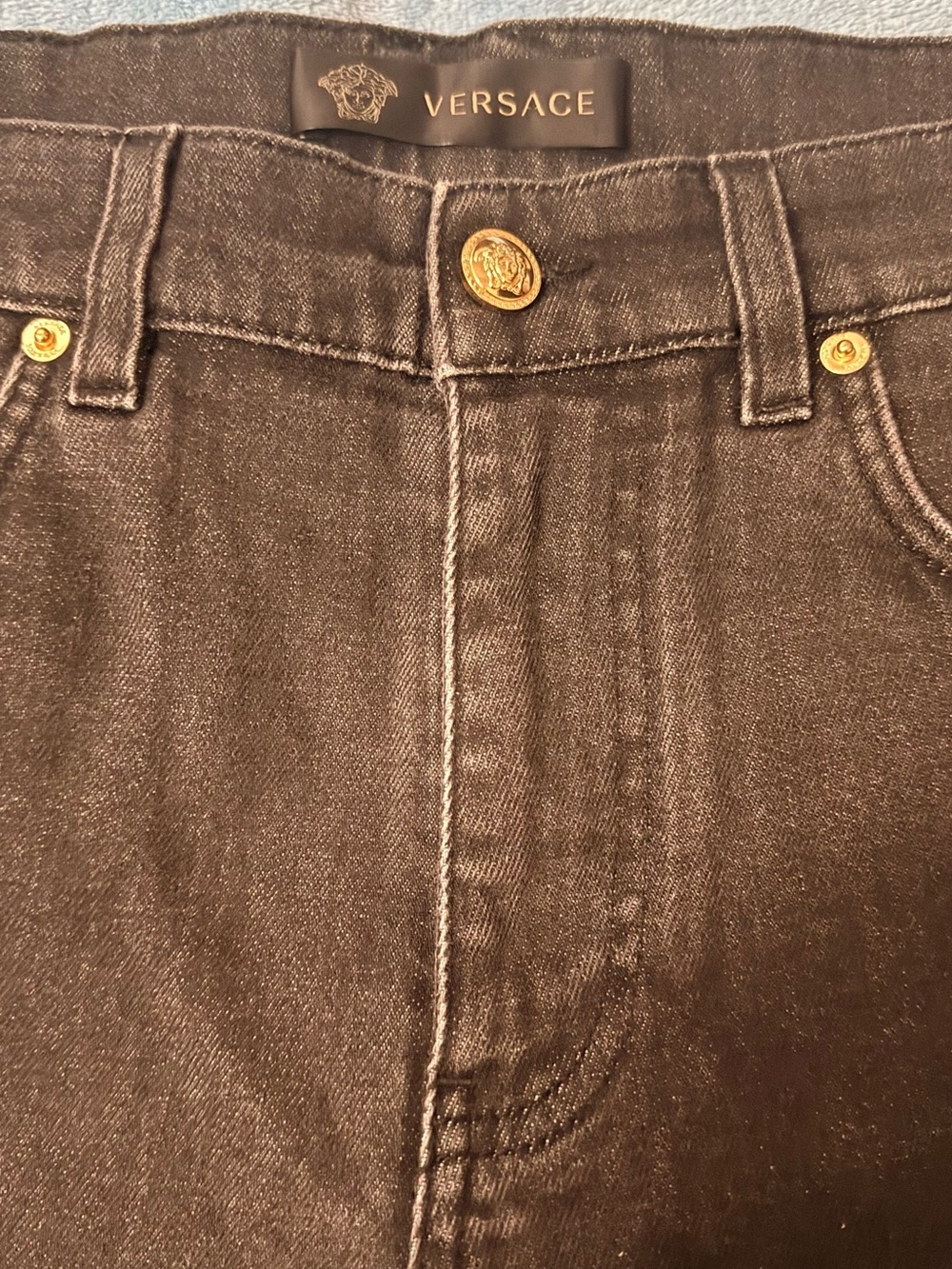Versace Black Denim Shorts with Gold Accents - Picture 8 of 13